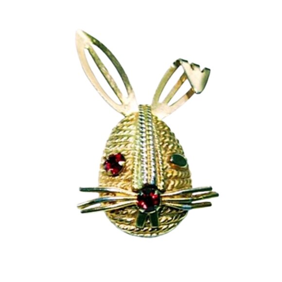 Sarah Coventry Vintage Jewelry - 1960s Vintage Small Gold Tone Novelty Whimsical Rabbit Bunny Pin With Red Jewels